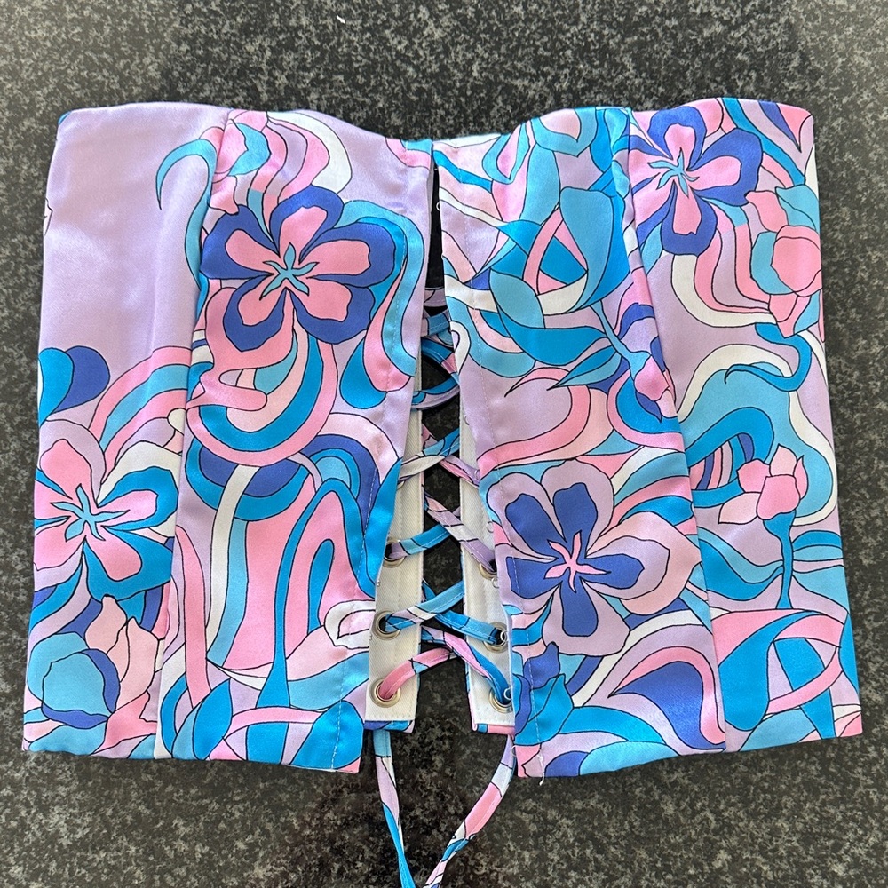 Cool is a Construct Floral Print Back Lace Up Bustier Top Size Small